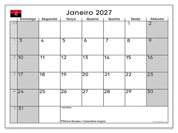 Calendário de janeiro de 2027 para imprimir - Angola