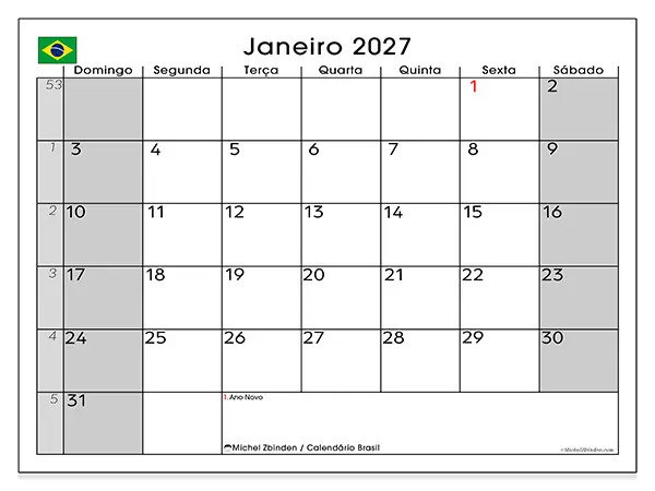 Calendário de janeiro de 2027 para imprimir - Brasil