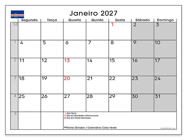 Calendário de janeiro de 2027 para imprimir - Cabo Verde