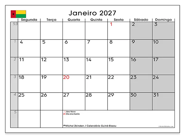 Calendário de janeiro de 2027 para imprimir - Guiné-Bissau