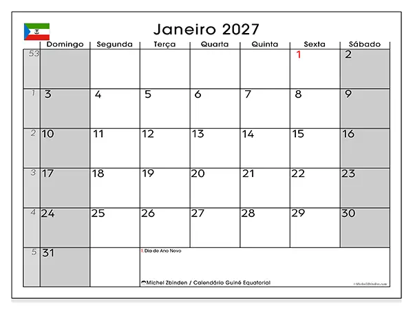 Calendário de janeiro de 2027 para imprimir - Guiné Equatorial