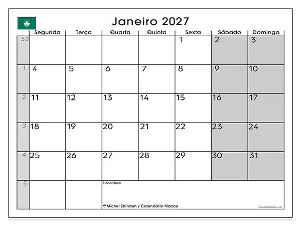 Calendário de janeiro de 2027 para imprimir - Macau