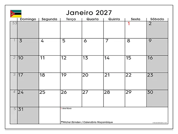 Calendário de janeiro de 2027 para imprimir - Moçambique