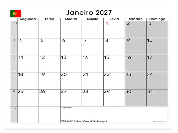 Calendário de janeiro de 2027 para imprimir - Portugal