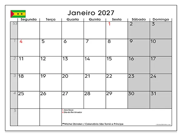 Calendário de janeiro de 2027 para imprimir - São Tomé e Príncipe