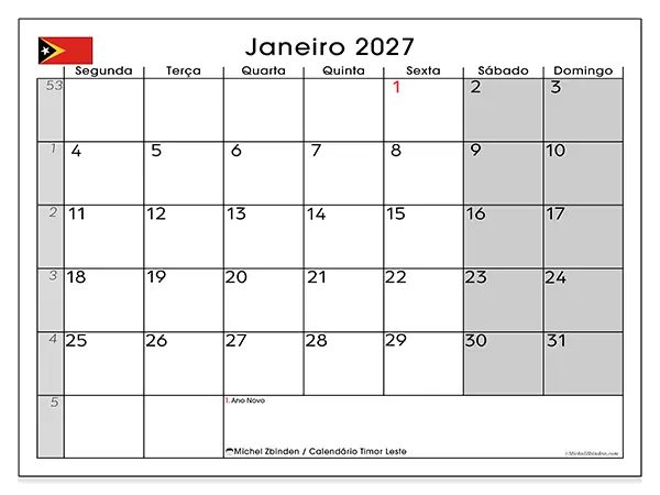 Calendário de janeiro de 2027 para imprimir - Timor Leste