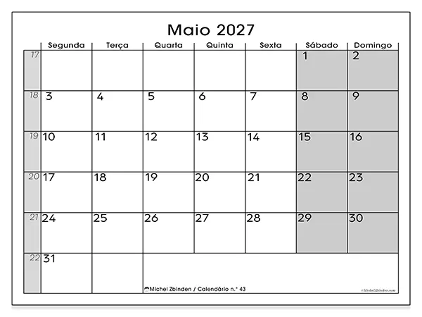 Calendário de maio de 2027 para imprimir - Organização perfeita