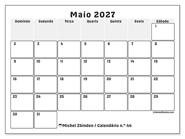 Calendário de maio de 2027 para imprimir - Planeamento estruturado - Semana de domingo a sábado