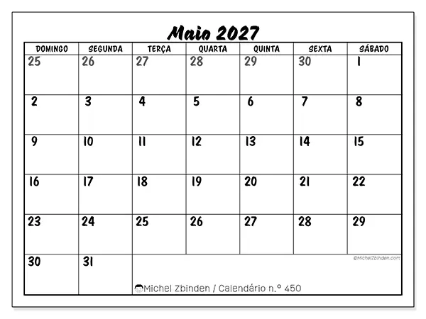 Calendário de maio de 2027 para imprimir - Organização detalhada - Semana de domingo a sábado