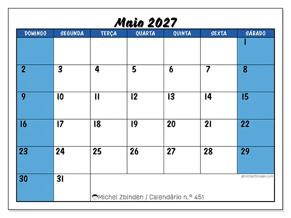 Calendário de maio de 2027 para imprimir - Organização dinâmica - Semana de domingo a sábado