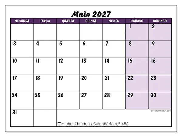 Calendário de maio de 2027 para imprimir - Eficiência colorida