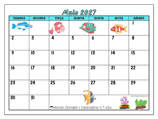 Calendário de maio de 2027 para imprimir - Peixes coloridos - Semana de domingo a sábado
