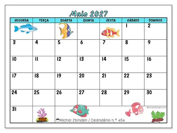 Calendário de maio de 2027 para imprimir - Peixes coloridos