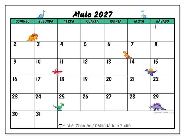 Calendário de maio de 2027 para imprimir - Pequenos dinossauros - Semana de domingo a sábado