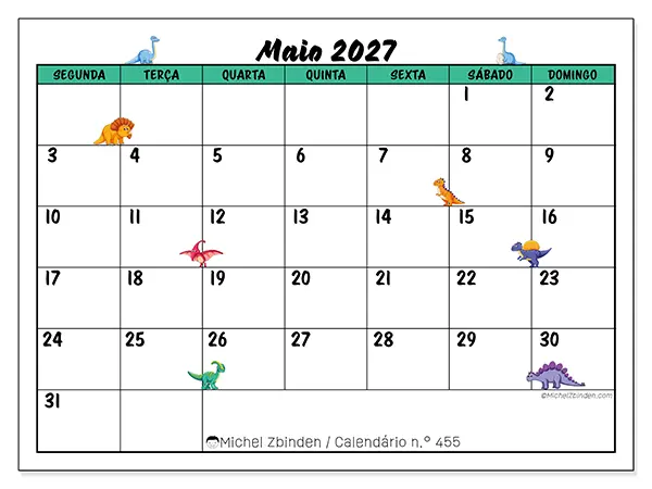 Calendário de maio de 2027 para imprimir - Pequenos dinossauros