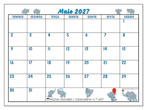 Calendário de maio de 2027 para imprimir - Pequenos elefantes - Semana de domingo a sábado