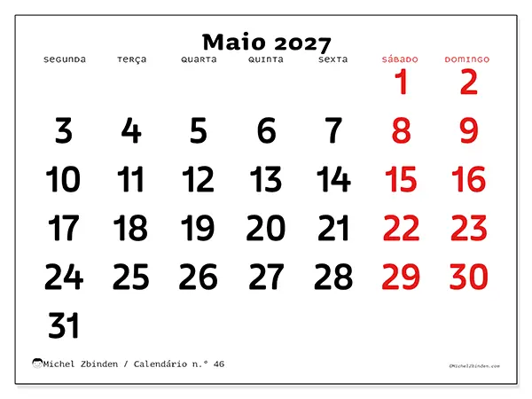 Calendário de maio de 2027 para imprimir - Visão clara