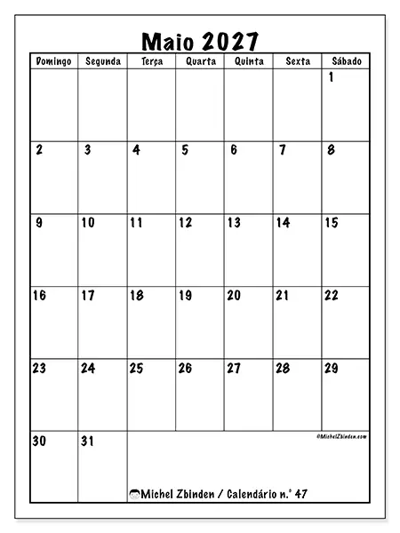 Calendário de maio de 2027 para imprimir - Planeamento eficiente - Semana de domingo a sábado