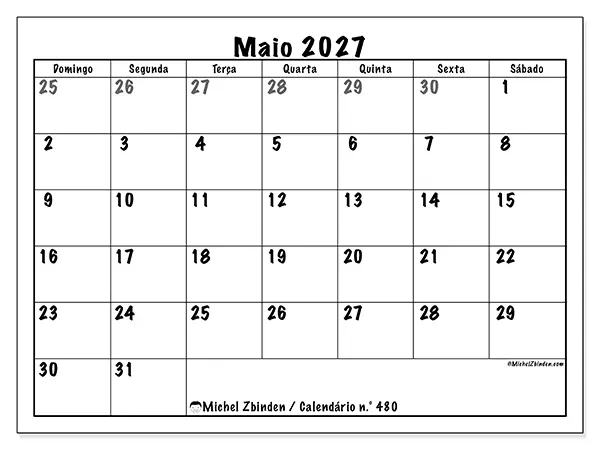 Calendário de maio de 2027 para imprimir - Planeamento completo - Semana de domingo a sábado