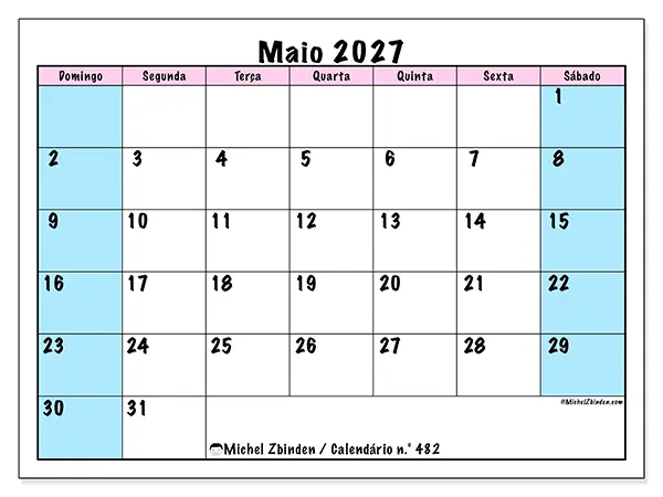 Calendário de maio de 2027 para imprimir - Horário de equipa - Semana de domingo a sábado