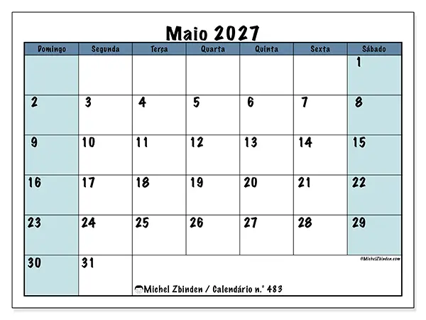 Calendário de maio de 2027 para imprimir - Estrutura para a escola - Semana de domingo a sábado