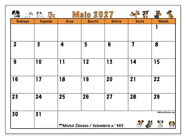 Calendário de maio de 2027 para imprimir - Cães entusiasmados - Semana de domingo a sábado