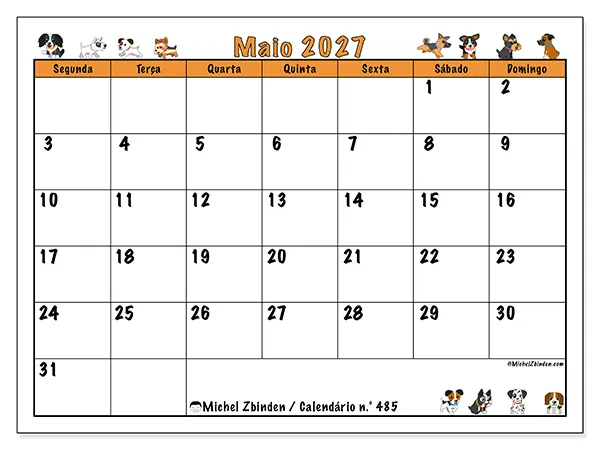 Calendário de maio de 2027 para imprimir - Cães entusiasmados