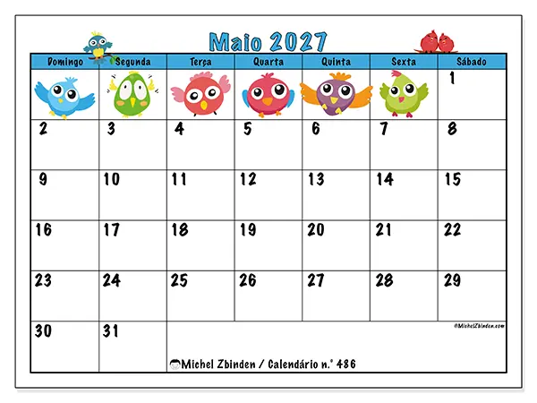Calendário de maio de 2027 para imprimir - Pássaros divertidos - Semana de domingo a sábado