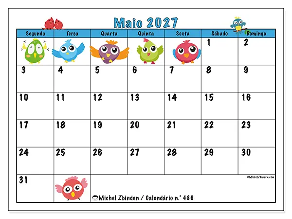 Calendário de maio de 2027 para imprimir - Pássaros divertidos