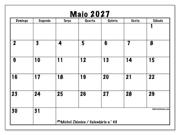Calendário de maio de 2027 para imprimir - Eficiência diária - Semana de domingo a sábado