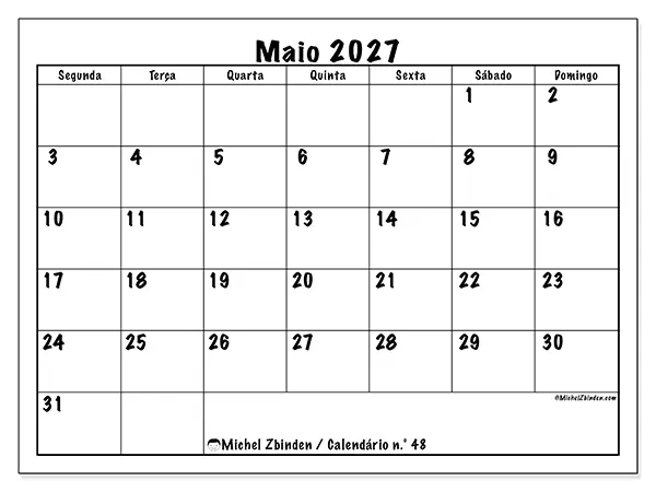 Calendário de maio de 2027 para imprimir - Eficiência diária