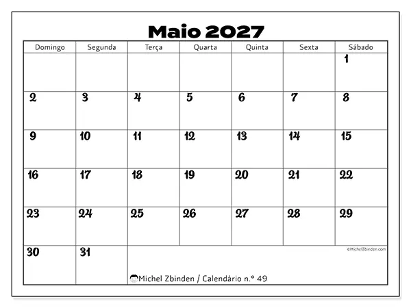 Calendário de maio de 2027 para imprimir - Coordenação produtiva - Semana de domingo a sábado