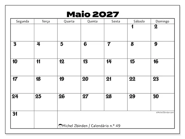 Calendário de maio de 2027 para imprimir - Coordenação produtiva