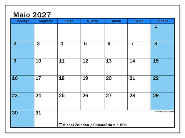 Calendário de maio de 2027 para imprimir - Estudos dinâmicos - Semana de domingo a sábado