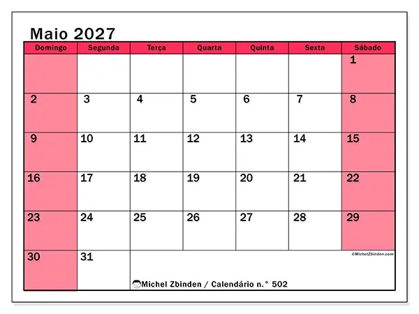 Calendário de maio de 2027 para imprimir - Gestão luminosa - Semana de domingo a sábado