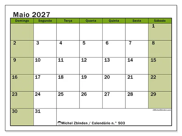 Calendário de maio de 2027 para imprimir - Organização viva - Semana de domingo a sábado