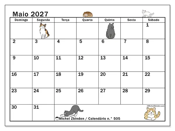 Calendário de maio de 2027 para imprimir - Vida de gato - Semana de domingo a sábado