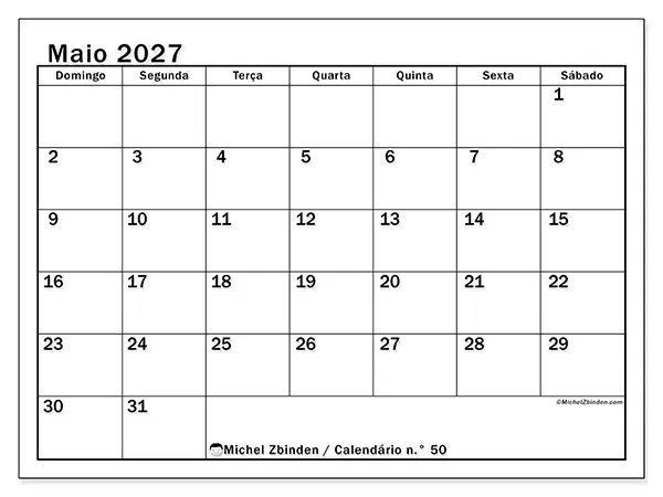Calendário de maio de 2027 para imprimir - Planeamento ideal - Semana de domingo a sábado