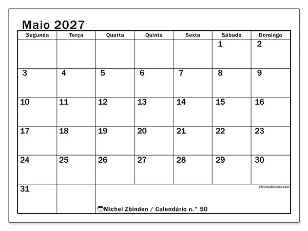 Calendário de maio de 2027 para imprimir - Planeamento ideal
