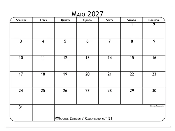 Calendário de maio de 2027 para imprimir - Planeador de refeições