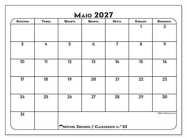Calendário de maio de 2027 para imprimir - Organização profissional