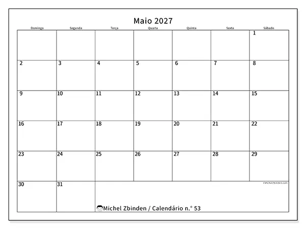 Calendário de maio de 2027 para imprimir - Horário eficiente - Semana de domingo a sábado
