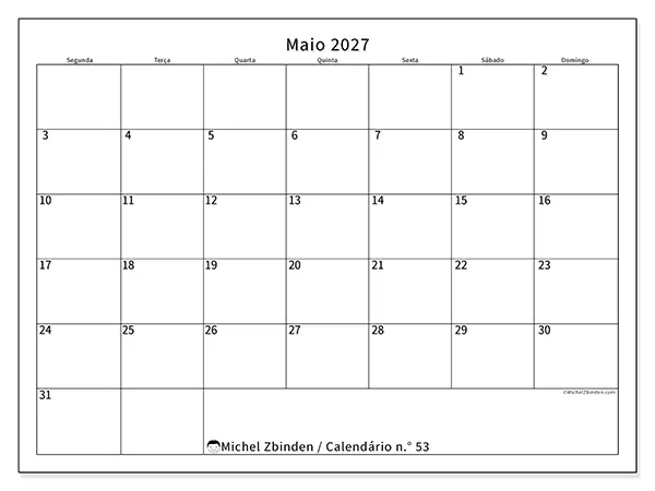 Calendário de maio de 2027 para imprimir - Horário eficiente