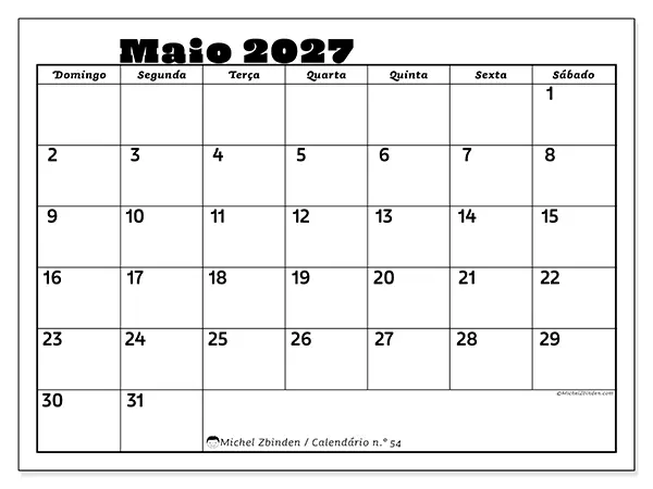 Calendário de maio de 2027 para imprimir - Atividades em família - Semana de domingo a sábado