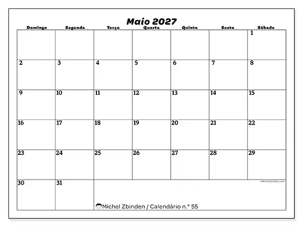 Calendário de maio de 2027 para imprimir - Organização do lazer - Semana de domingo a sábado