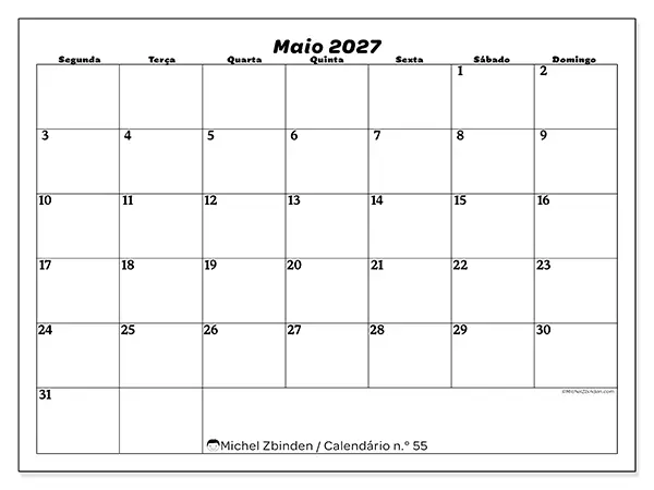 Calendário de maio de 2027 para imprimir - Organização do lazer
