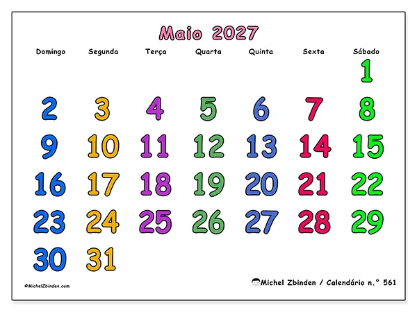 Calendário de maio de 2027 para imprimir - Momentos criativos - Semana de domingo a sábado