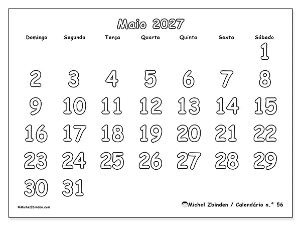Calendário de maio de 2027 para imprimir - Colorir útil - Semana de domingo a sábado