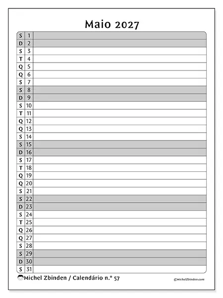 Calendário de maio de 2027 para imprimir - Lista de atividades