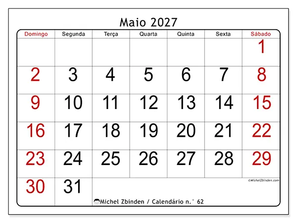 Calendário de maio de 2027 para imprimir - Leitura rápida - Semana de domingo a sábado